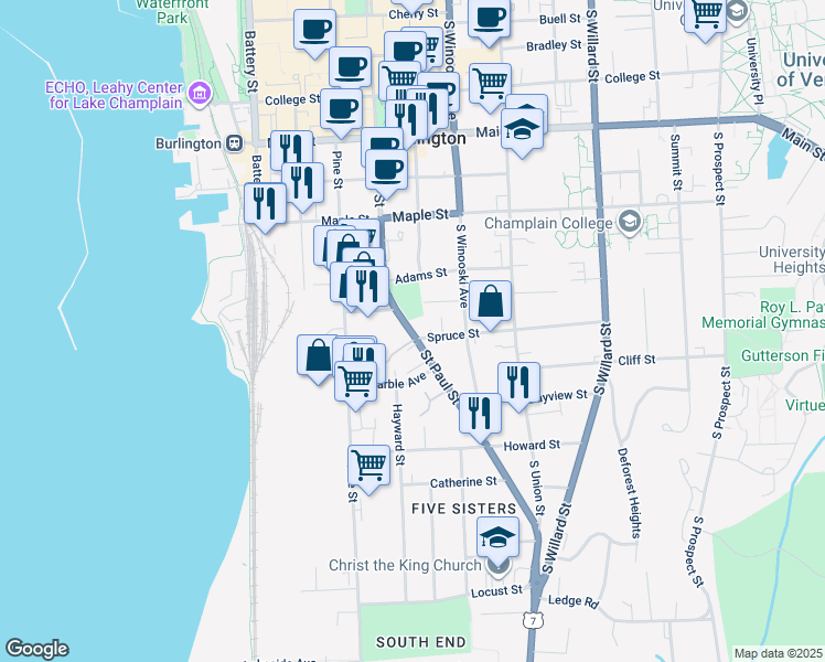 map of restaurants, bars, coffee shops, grocery stores, and more near 336 Saint Paul Street in Burlington