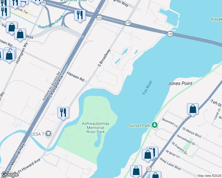 map of restaurants, bars, coffee shops, grocery stores, and more near 2661 South Broadway in Green Bay