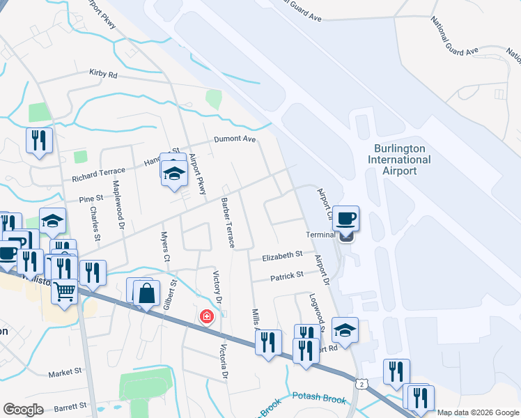 map of restaurants, bars, coffee shops, grocery stores, and more near 17 Maryland Street in South Burlington