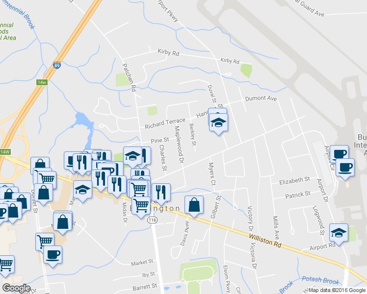 map of restaurants, bars, coffee shops, grocery stores, and more near 8 Maplewood Dr in South Burlington