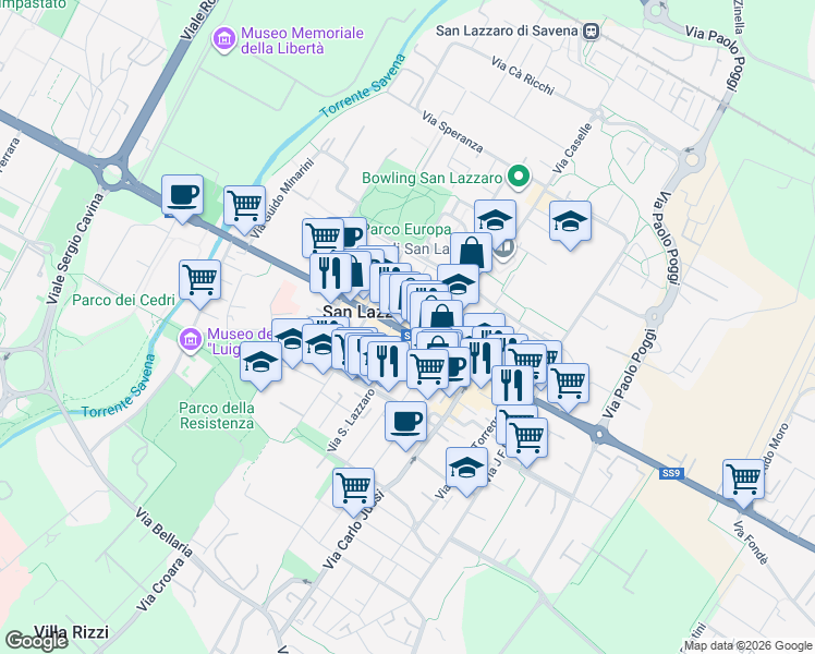 map of restaurants, bars, coffee shops, grocery stores, and more near 999 Via Primo Levi in San Lazzaro di Savena
