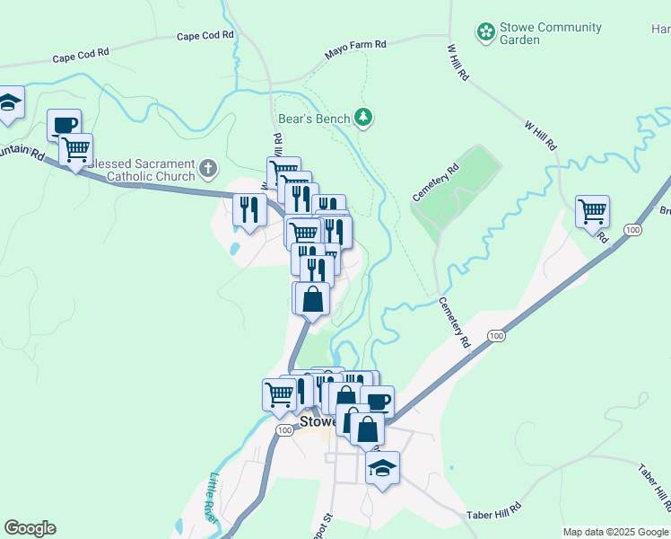 map of restaurants, bars, coffee shops, grocery stores, and more near 350 Mountain Road in Stowe