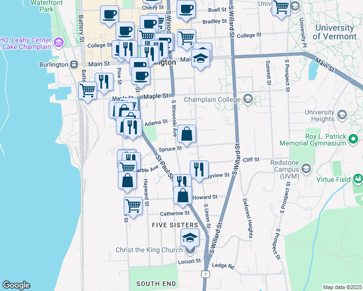 map of restaurants, bars, coffee shops, grocery stores, and more near 54 Spruce Street in Burlington