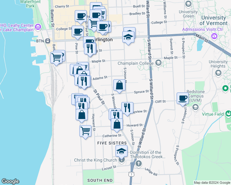 map of restaurants, bars, coffee shops, grocery stores, and more near 54 Spruce Street in Burlington