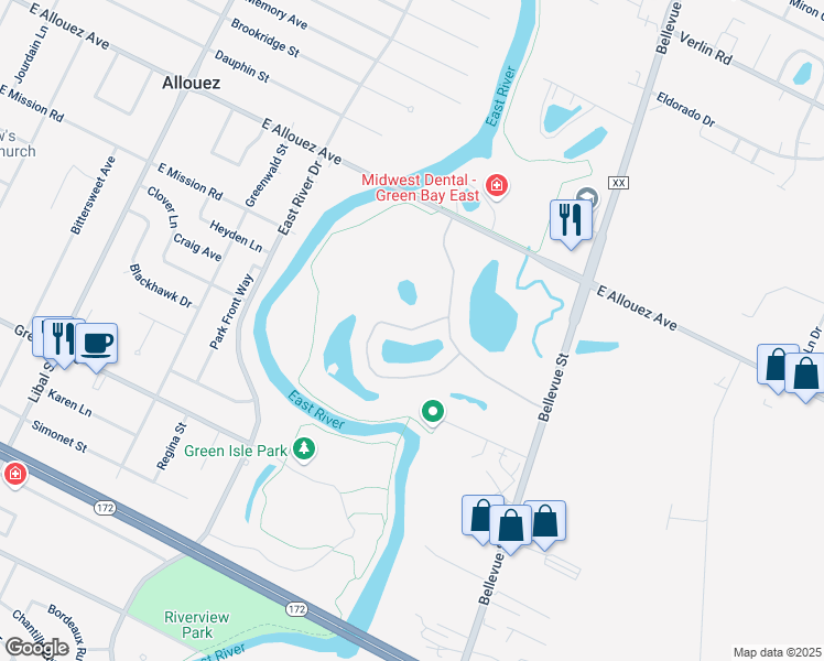 map of restaurants, bars, coffee shops, grocery stores, and more near 1603 Twin Lakes Circle in Green Bay
