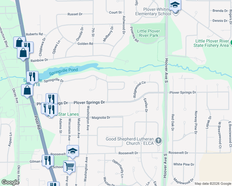map of restaurants, bars, coffee shops, grocery stores, and more near 2230 Heatherton Lane in Plover