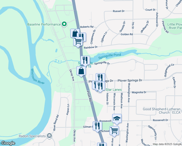 map of restaurants, bars, coffee shops, grocery stores, and more near 2840 Plover Springs Drive in Plover