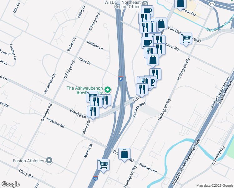 map of restaurants, bars, coffee shops, grocery stores, and more near Waube Ln in Ashwaubenon
