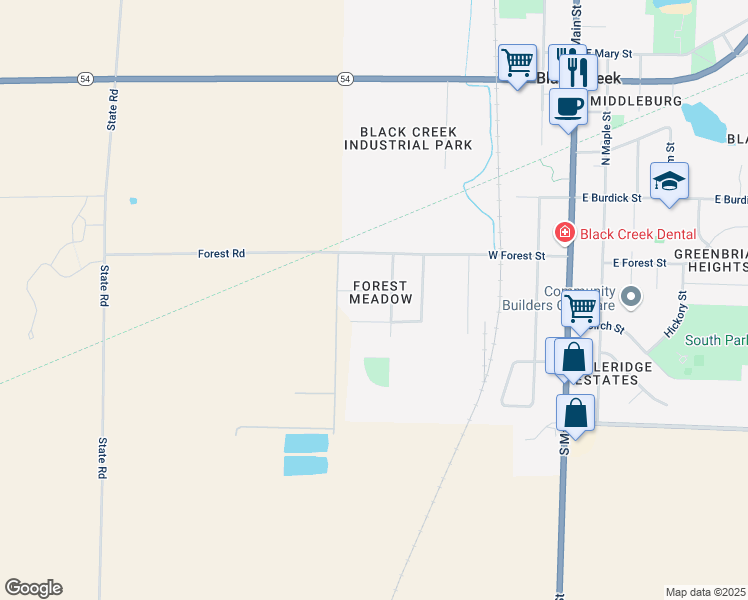map of restaurants, bars, coffee shops, grocery stores, and more near 602 Country Breeze Lane in Black Creek