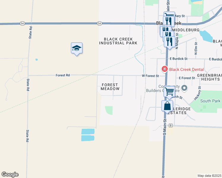 map of restaurants, bars, coffee shops, grocery stores, and more near 602 Country Breeze Lane in Black Creek