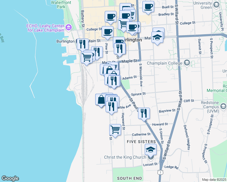 map of restaurants, bars, coffee shops, grocery stores, and more near 318-320 Pine Street in Burlington