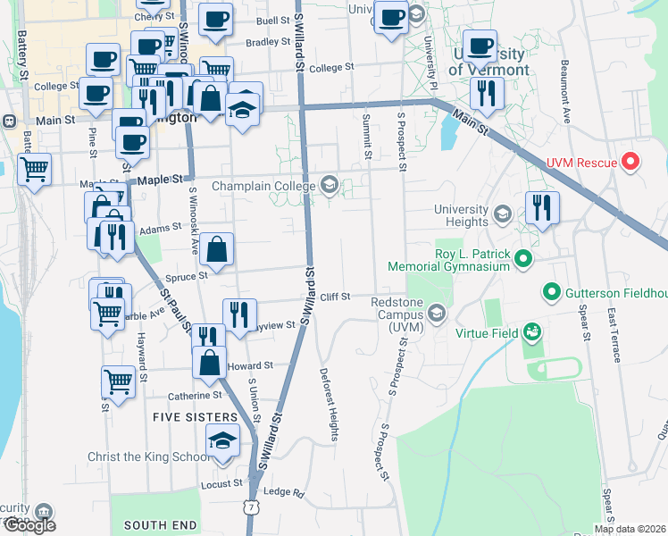 map of restaurants, bars, coffee shops, grocery stores, and more near 348 South Willard Street in Burlington
