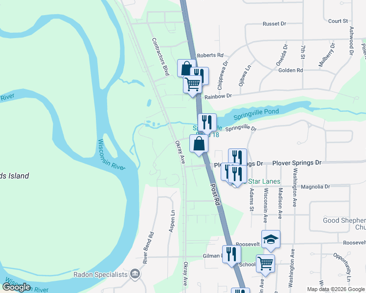 map of restaurants, bars, coffee shops, grocery stores, and more near 3021 Springville Drive in Plover
