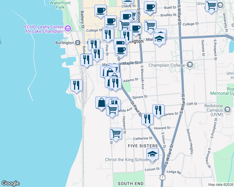 map of restaurants, bars, coffee shops, grocery stores, and more near 323 Saint Paul Street in Burlington