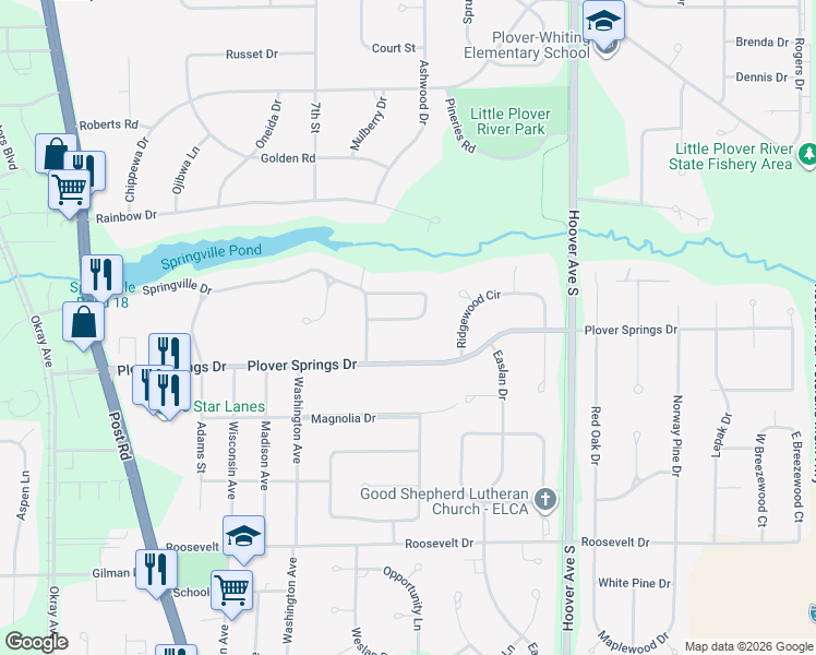 map of restaurants, bars, coffee shops, grocery stores, and more near 2230 Heatherton Lane in Plover