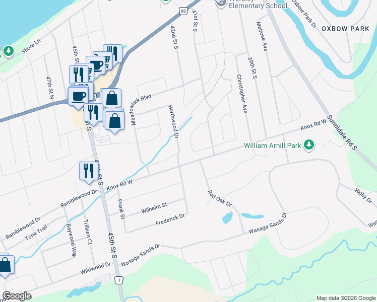 map of restaurants, bars, coffee shops, grocery stores, and more near 33 Tanager Crescent in Wasaga Beach