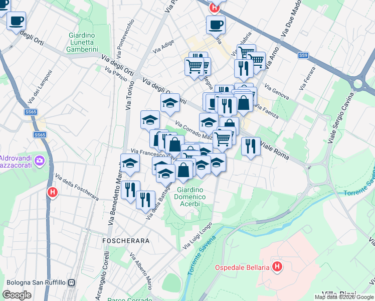 map of restaurants, bars, coffee shops, grocery stores, and more near 20 Via Sesto San Giovanni in Bologna