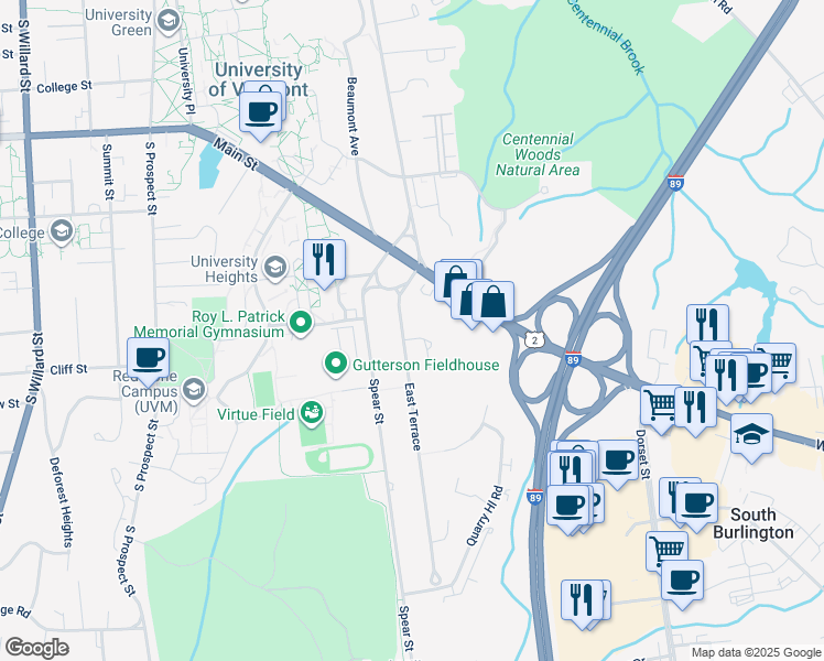 map of restaurants, bars, coffee shops, grocery stores, and more near 11 East Terrace in South Burlington