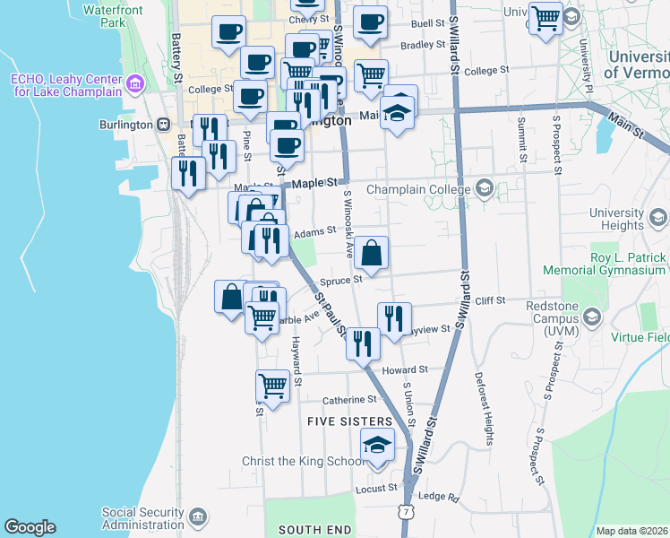 map of restaurants, bars, coffee shops, grocery stores, and more near 336 Saint Paul Street in Burlington