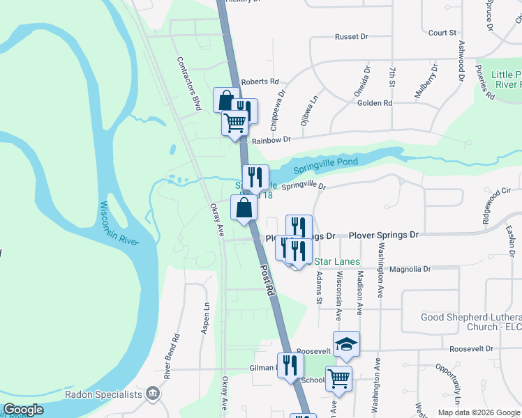 map of restaurants, bars, coffee shops, grocery stores, and more near 1821 Post Road in Plover