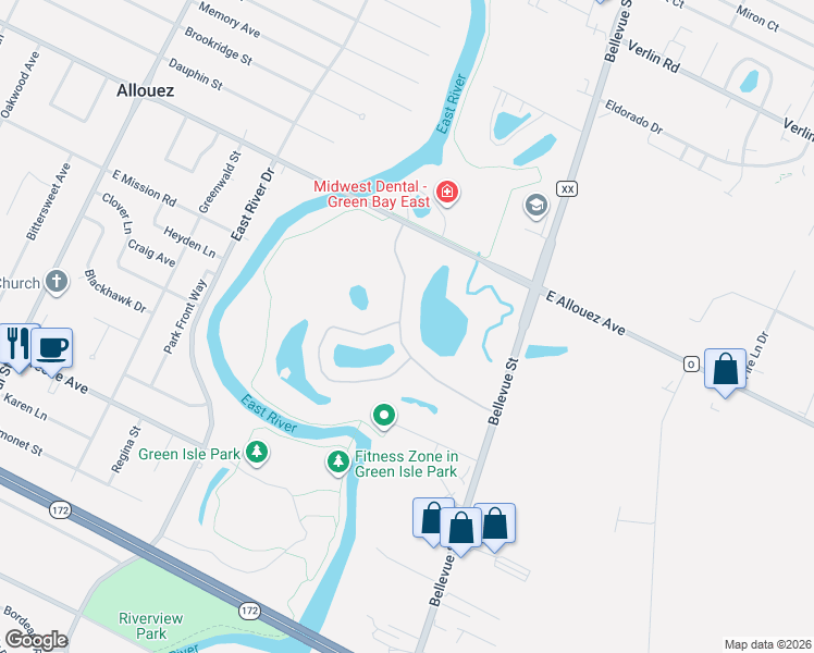 map of restaurants, bars, coffee shops, grocery stores, and more near 1514 River Pines Drive in Green Bay