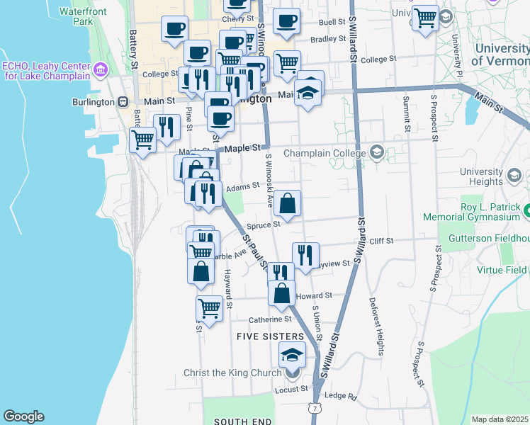 map of restaurants, bars, coffee shops, grocery stores, and more near 54 Spruce Street in Burlington