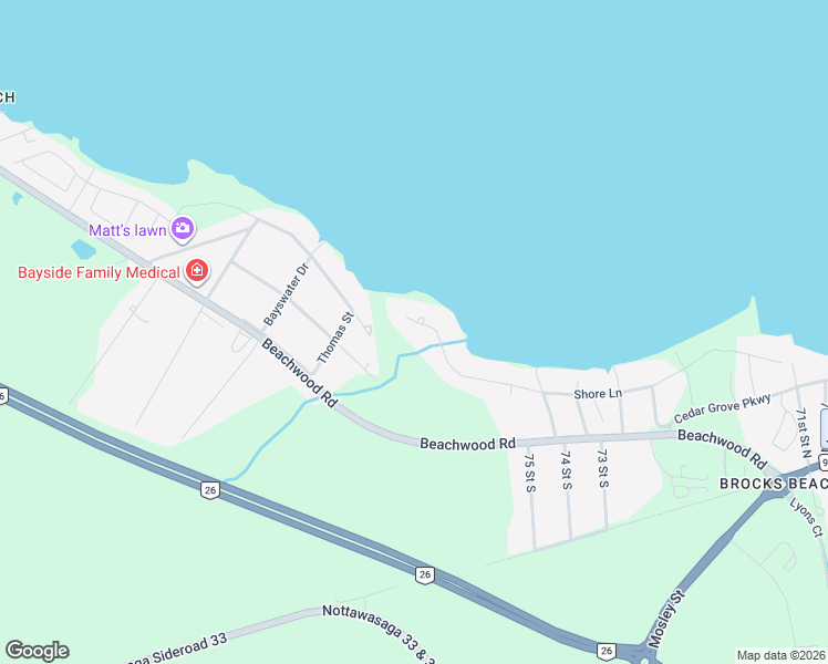 map of restaurants, bars, coffee shops, grocery stores, and more near 2297 Shore Lane in Wasaga Beach
