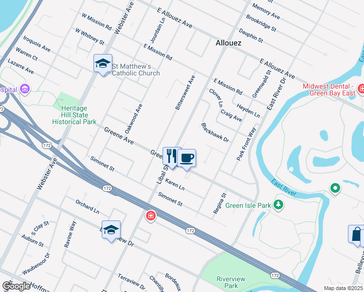 map of restaurants, bars, coffee shops, grocery stores, and more near 501 Greene Avenue in Green Bay