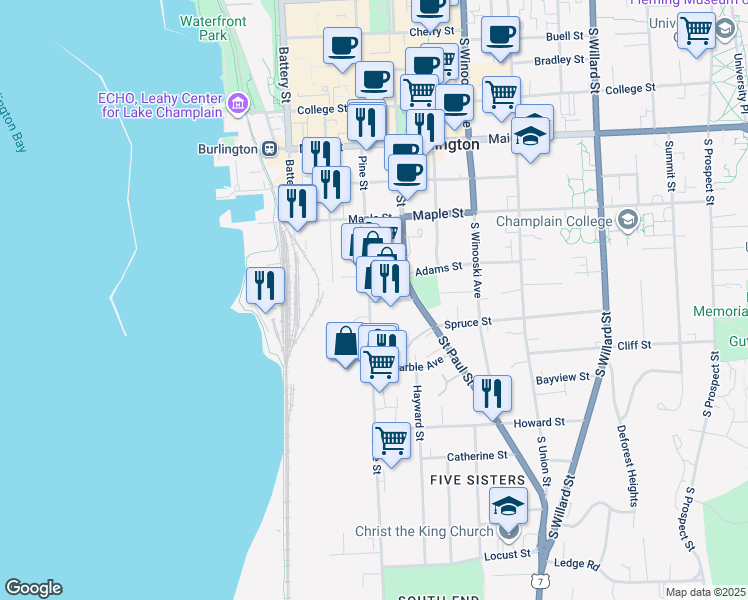 map of restaurants, bars, coffee shops, grocery stores, and more near 318 Pine Street in Burlington