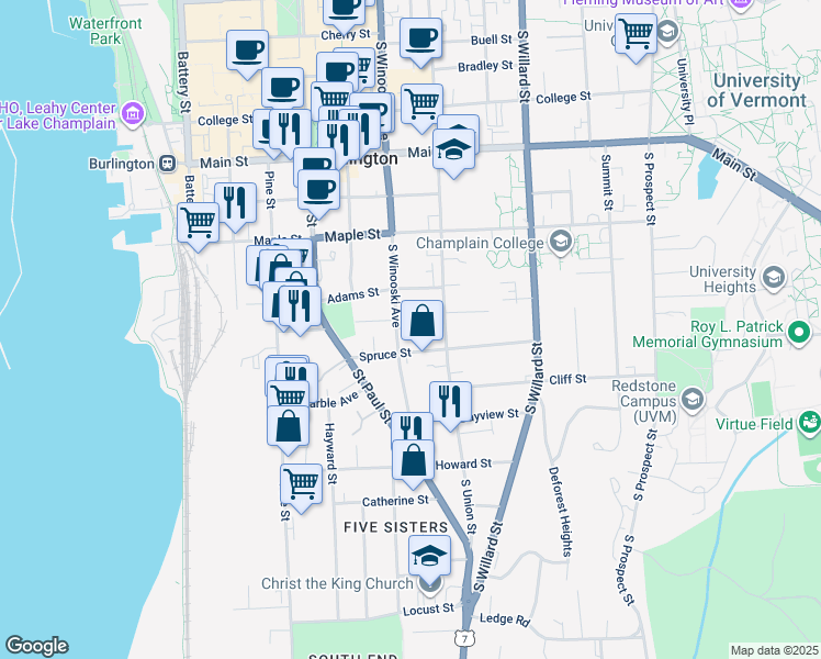 map of restaurants, bars, coffee shops, grocery stores, and more near 54 Spruce Street in Burlington