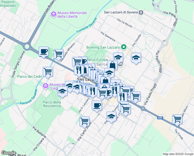 map of restaurants, bars, coffee shops, grocery stores, and more near 999 Via Primo Levi in San Lazzaro
