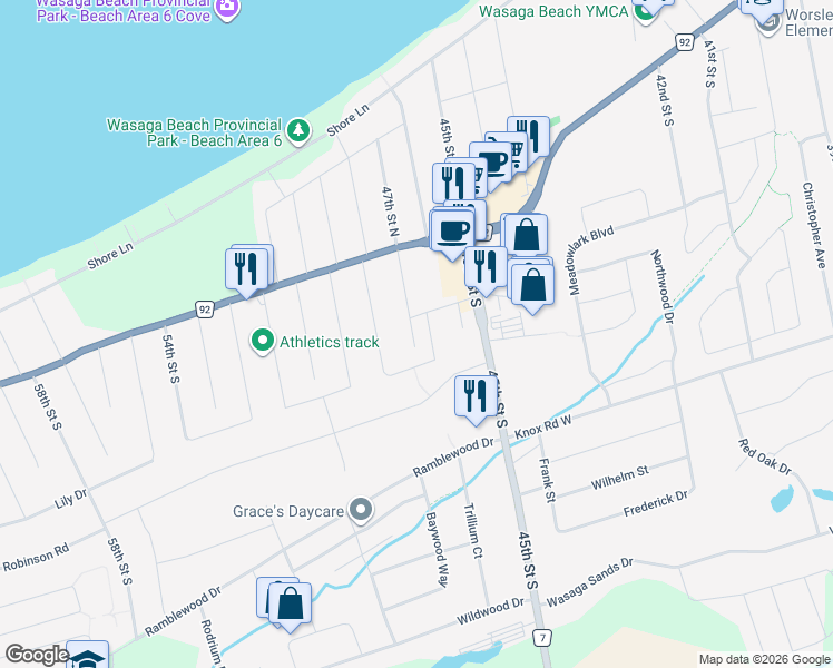 map of restaurants, bars, coffee shops, grocery stores, and more near 40 Queensdale Avenue in Wasaga Beach
