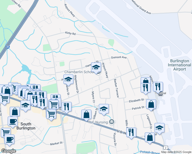 map of restaurants, bars, coffee shops, grocery stores, and more near 262 White Street in South Burlington