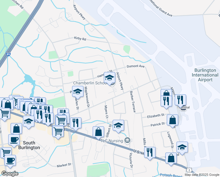 map of restaurants, bars, coffee shops, grocery stores, and more near 262 White Street in South Burlington