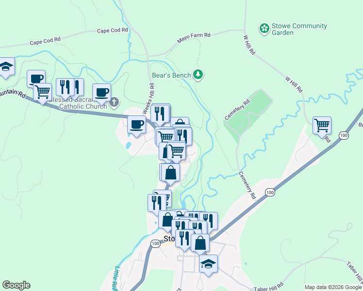 map of restaurants, bars, coffee shops, grocery stores, and more near 456 Mountain Road in Stowe