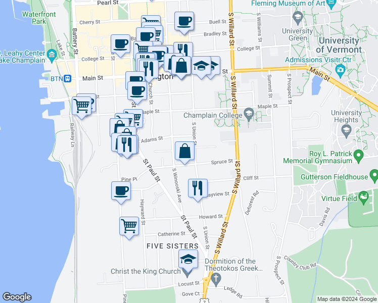 map of restaurants, bars, coffee shops, grocery stores, and more near 291 South Union Street in Burlington