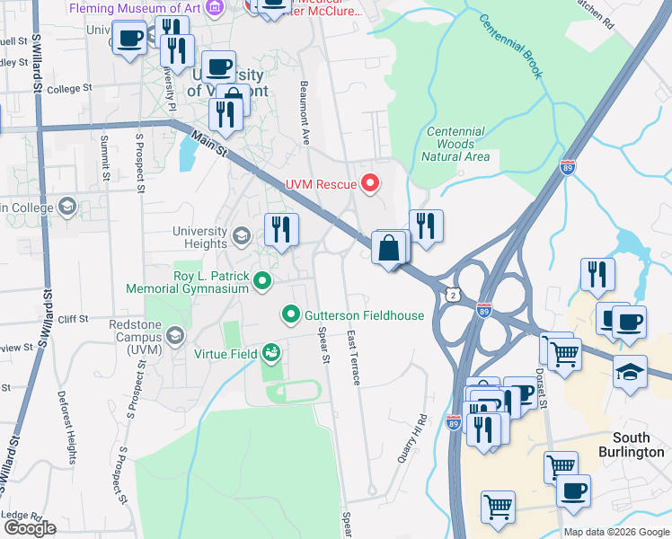 map of restaurants, bars, coffee shops, grocery stores, and more near 25 East Terrace in South Burlington