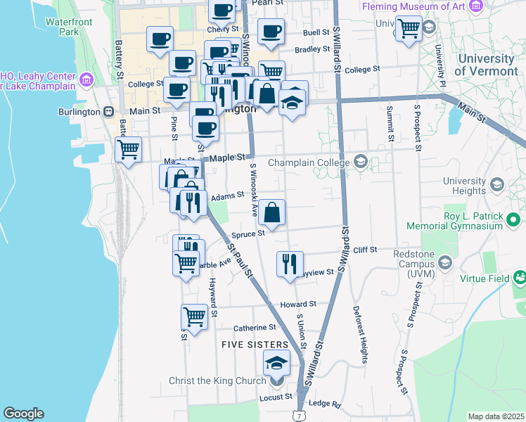 map of restaurants, bars, coffee shops, grocery stores, and more near 272 South Winooski Avenue in Burlington