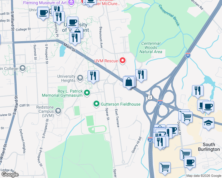 map of restaurants, bars, coffee shops, grocery stores, and more near 3 East Terrace in South Burlington