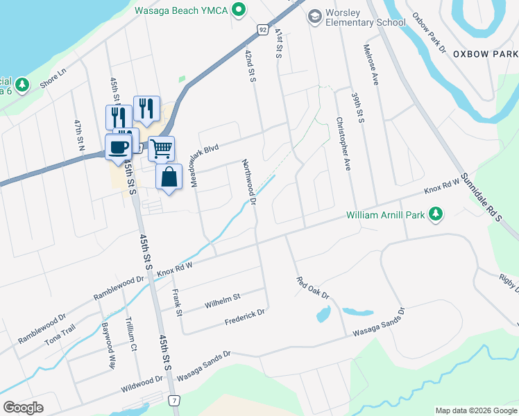 map of restaurants, bars, coffee shops, grocery stores, and more near 17 Northwood Drive in Wasaga Beach