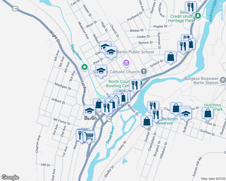 map of restaurants, bars, coffee shops, grocery stores, and more near 81 Granite Street in Berlin