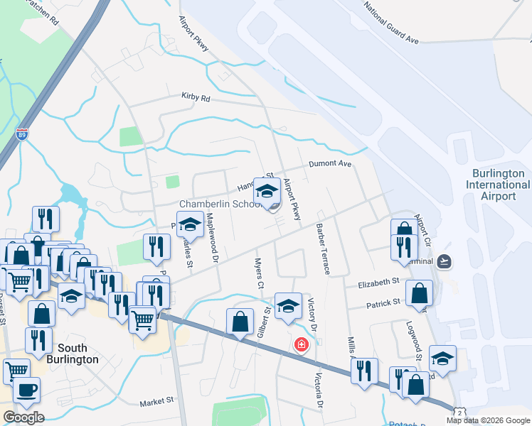 map of restaurants, bars, coffee shops, grocery stores, and more near 262 White Street in South Burlington