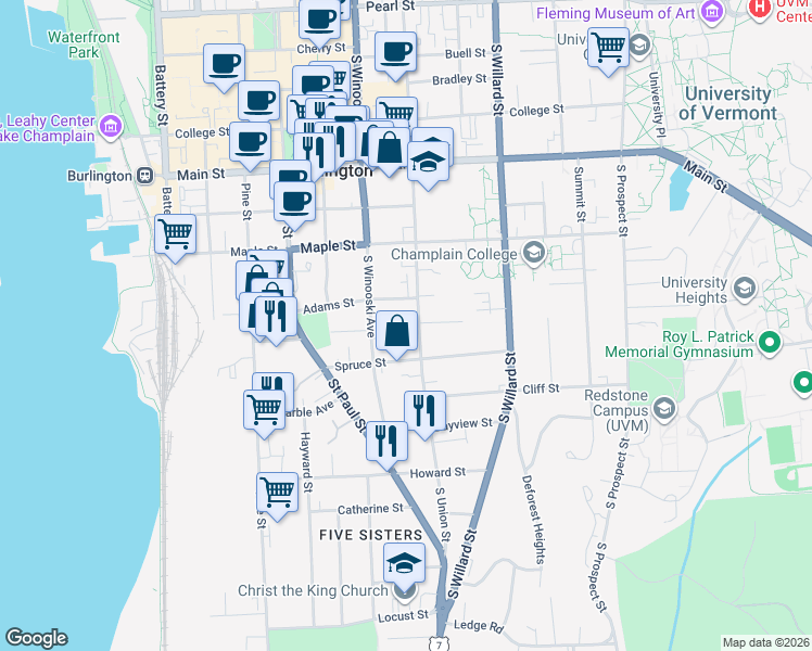 map of restaurants, bars, coffee shops, grocery stores, and more near 291 South Union Street in Burlington