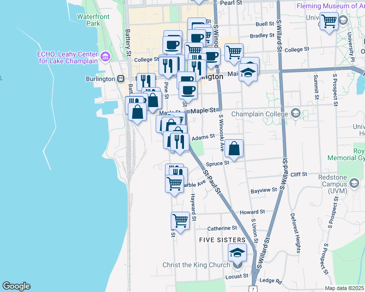 map of restaurants, bars, coffee shops, grocery stores, and more near 6 Adams Street in Burlington