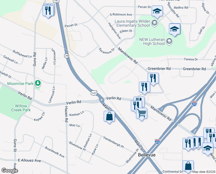 map of restaurants, bars, coffee shops, grocery stores, and more near 2389 Wilder Street in Green Bay