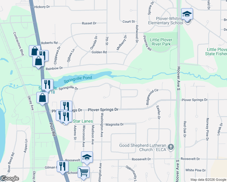 map of restaurants, bars, coffee shops, grocery stores, and more near 2501 Springville Drive in Plover