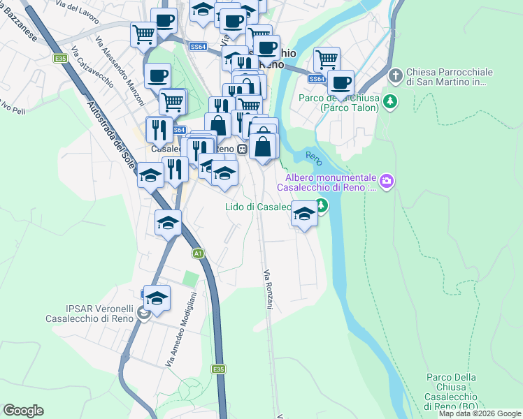map of restaurants, bars, coffee shops, grocery stores, and more near 27 Via Camillo Ronzani in Casalecchio di Reno
