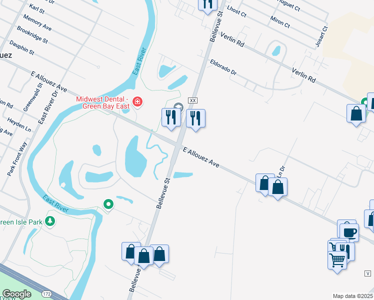 map of restaurants, bars, coffee shops, grocery stores, and more near Allouez Avenue in Green Bay