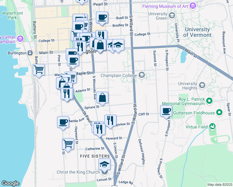 map of restaurants, bars, coffee shops, grocery stores, and more near 22 Kingsland Terrace in Burlington