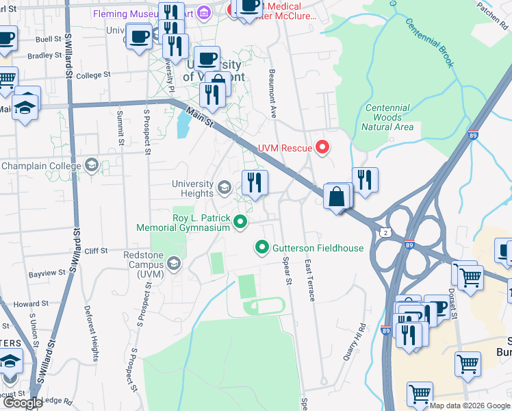 map of restaurants, bars, coffee shops, grocery stores, and more near 67 Spear Street in Burlington